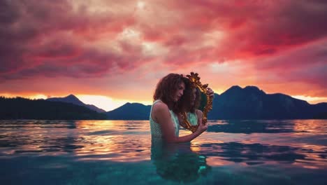Dreamy-Cinemagraph---seamless-video-loop-of-a-beautiful-young-model-girl-standing-in-the-calm-waves-of-lake-Walchensee-with-an-old-golden-mirror-in-Germany-Bavaria-in-a-white-fashion-dress-by-sunset