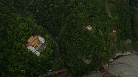 Taroko-gorge-tropical-woodland-mountain-temples-aerial-birds-eye-view-in-Taiwan-wilderness-greenery