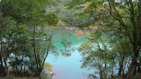 Vista-Del-Río-Hozu-Y-Bote-De-Remos-Entre-árboles,-Parque-Nacional-Arashiyama