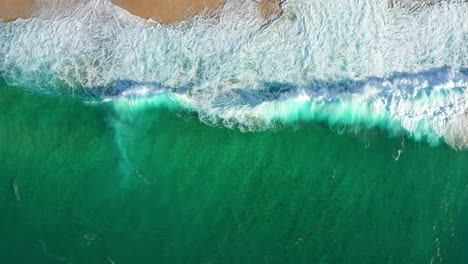 Slow-Motion-Top-Down-Aerial-Drone-Shot-of-Crystal-Clear-Turquoise-Ocean-Waves-and-Sea-Foam-Lapping-Against-a-Sandy-Beach