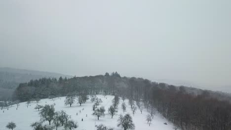 Ascendiendo-Sobre-Hermosas-Montañas-Cubiertas-De-Nieve-Paneo-A-La-Izquierda-Durante-El-Día-De-Niebla,-Odenwald-Alemania