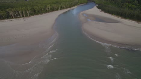 El-Río-Se-Encuentra-Con-El-Océano-En-El-Parque-Nacional-Daintree-En-El-Lejano-Norte-De-Queensland,-Australia---Toma-Aérea-De-Drones