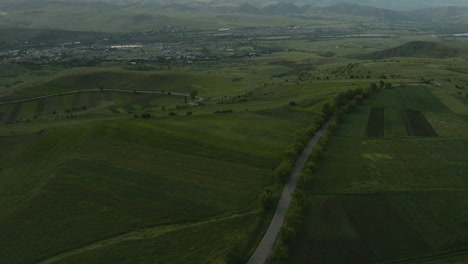 Countryside-Road-Between-Green-Fields-And-Plantations-In-Samtskhe-Javakheti,-Near-Akhaltsikhe-In-Georgia---aerial-drone-shot