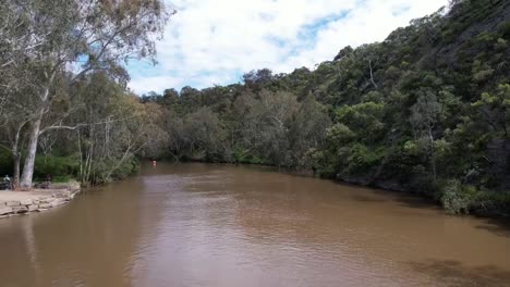 Ancho-Río-Que-Fluye-Rodeado-De-árboles-Densos-Río-Maribyrnong,-Melbourne