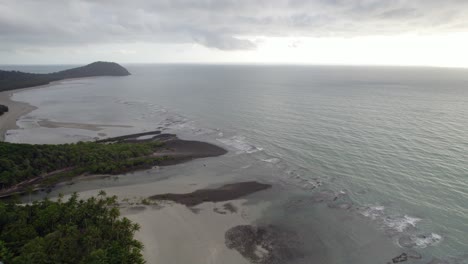 Serene-Seascape-On-A-Cloudy-Day-In-Daintree-National-Park,-Far-North-Queensland,-Australia---aerial-drone-shot