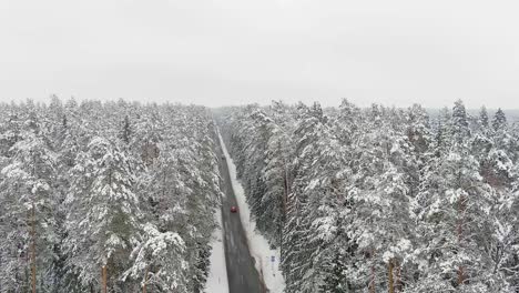 Red-car-driving-on-majestic-winter-road-in-Lithuania-woodland,-aerial-ascend-view