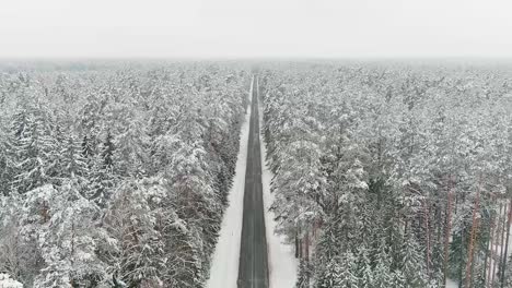 Endless-road-leading-through-winter-wonderland-forest,-aerial-drone-view
