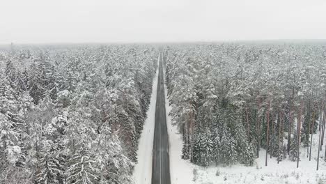 Snowy-forest-tops-and-endless-road-in-Lithuania,-aerial-view