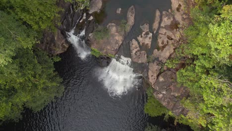 Amazing-aerial-view-flight-vertical-bird's-eye-view-drone
of-thailand-jungle-waterfall-koh-kood,-day-dezember-2022