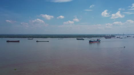 Aerial-shot-of-working-boats-and-shipping-on-a-clear-sunny-day