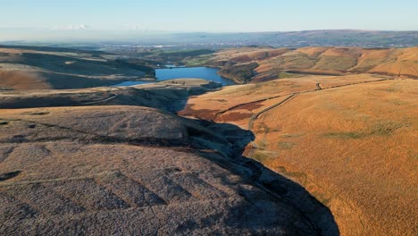 Landscape-drone-footage-of-Saddleworth-Moor,-England