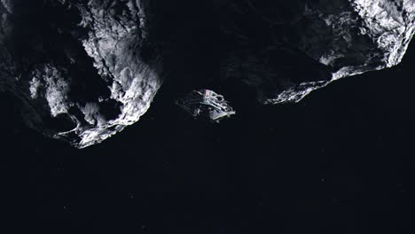 Futuristisches-Schlachtschiff-Im-Weltraum,-Das-An-Einem-Großen-Asteroiden-Vorbeifliegt