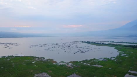 Orbit-drone-shot-of-huge-lake-with-fish-cage-surrounded-by-rice-fields-during-sunrise---Rawa-Pening-Lake,-Central-Java,-Indonesia