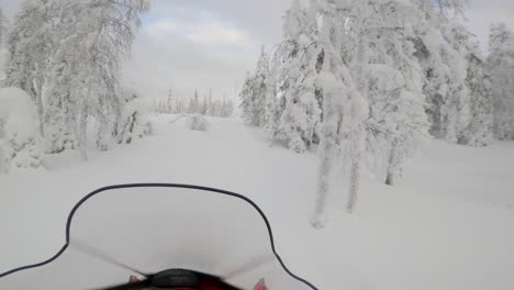 POV-Person,-Die-Mit-Dem-Schneemobil-In-Den-Verschneiten-Lappland-Waldweg-Fährt