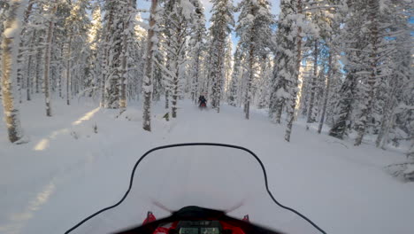 POV-person-driving-snowmobile-through-snowy-woodland-forest,-Lapland,-Sweden