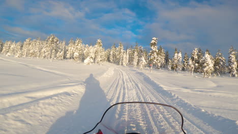 Snowmobile-POV-driving-through-Norbotten-snowy-winter-pine-forest-at-sunrise