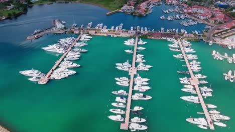 Luxury-boats-moored-in-port-of-Casa-de-Campo-Marina,-La-Romana-in-Dominican-Republic