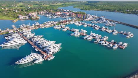 Luxury-yachts-docked-in-Casa-de-Campo-Marina---scenic-Caribbean-coast,-La-Romana