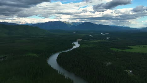 Flathead-River-Surrounded-With-Lush-Forest-In-Montana,-USA---aerial-drone-shot