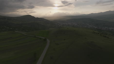 Sunrise-Scenery-Near-Akhaltsikhe-In-Samtskhe-Javakheti,-Georgia---aerial-pullback