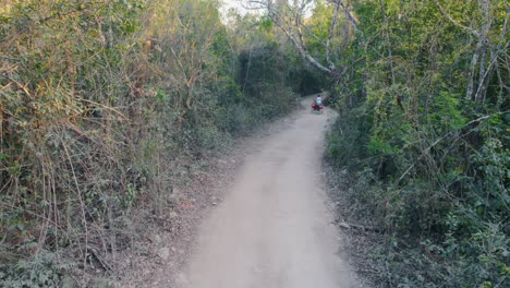 ATV-rider-riding-on-the-dusty-road-in-the-forest-towards-Mexican-Cenote,-Mexico