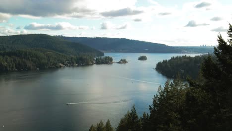 Beautiful-Scenic-View-of-the-Indian-River-Inlet-in-Deep-Cove,-North-Vancouver-on-a-partly-cloudy-day