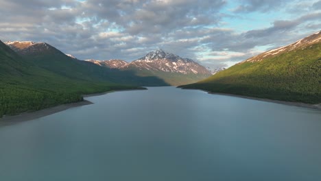 Calm-Waters-Of-Eklutna-Lake-In-Alaska---aerial-drone-shot