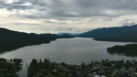 Aerial-View-Over-Whitefish-Lake-In-Montana,-USA-At-Sunset---drone-shot