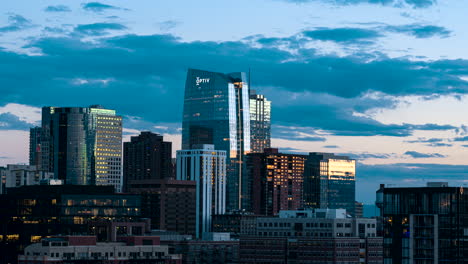 Timelapse-of-Optiv-Building-in-Denver,-Colorado-at-Sunset