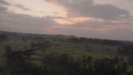 Drone-shot-of-Balis-sunrise-in-the-rice-fields