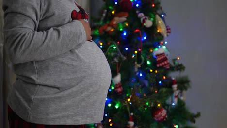 A-pregnant-woman-caressing-her-belly-next-to-the-christmas-tree