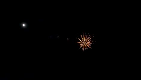 Low-angle-shot-of-celebratory-fireworks-bursting-in-the-distance-fill-the-night-sky