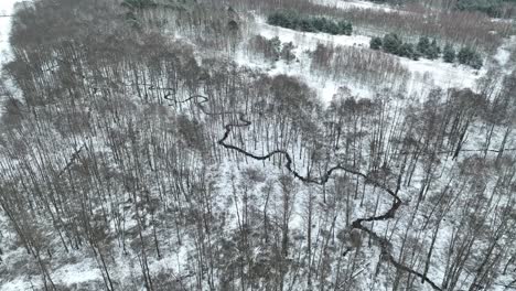 Antenne-Winterlandschaft-Wald-Bedeckt-Mit-Weißem-Schnee-Drohne-Fliegt-über-Gefrorenen-Wäldern