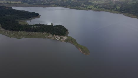 Aerial-Peninsula-at-Guatavita's-Lake,-Cundinamarca,-Bogota