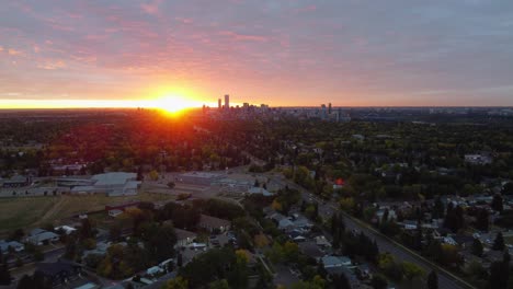 Edmonton,-Alberta-drone-morning-sunrise-over-city-traffic