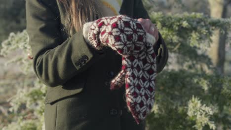 Woman-wearing-red-knitted-patterned-mittens-in-cold-sunny-Christmas-day