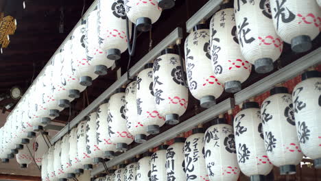 Traditional-Japanese-lanterns-hung-up-for-decoration-in-Kyoto,-Japan-soft-lighting