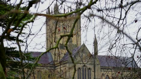Smooth-drifting-shot,-looking-through-tree-branches-towards-impressive-tower-of-Wells-Cathedral,-in-England's-smallest-city