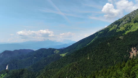 Aerial-pan-right-above-forest-high-on-mountain-prevala,-slovenia