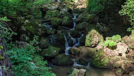 Pan-down-beautiful-lush-forest-and-waterfalls-in-Huda-Luknja,-Slovenia-past-boulders-and-rocks