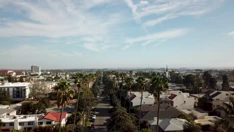 Iconic-Palm-Tree-Lined-Street-in-Santa-Monica,-Los-Angeles-Drone