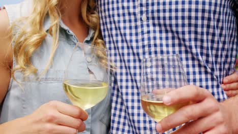 Mid-section-of-romantic-couple-toasting-wine-glasses