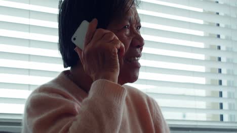 Senior-woman-talking-on-mobile-phone-in-living-room
