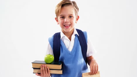 Smiling-schoolboy-holding-books-and-lunch