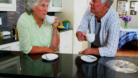 Happy-senior-couple-having-coffee-in-kitchen-4k
