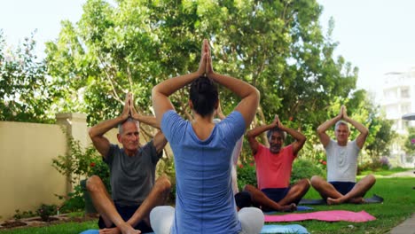 Entrenador-Y-Personas-Mayores-Realizando-Yoga-En-El-Jardín-4k