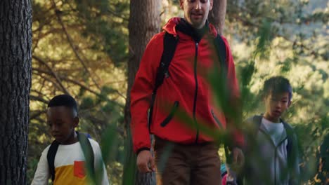 Kids-and-teacher-walking-in-the-forest-4k