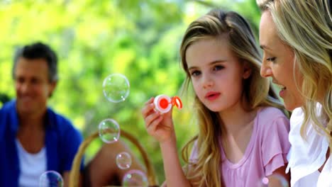 Mother-and-daughter-blowing-bubble-with-bubble-wand-at-picnic-in-park-4k