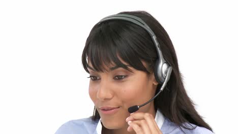 Smiling-business-woman-using-headset