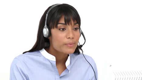 Confident-businesswoman-using-headset